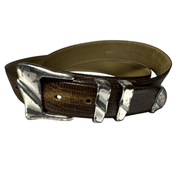 Claudio Orciani Brown Genuine Leather Belt W/Snake Print & Silver Buckle Design - Picture 2 of 8